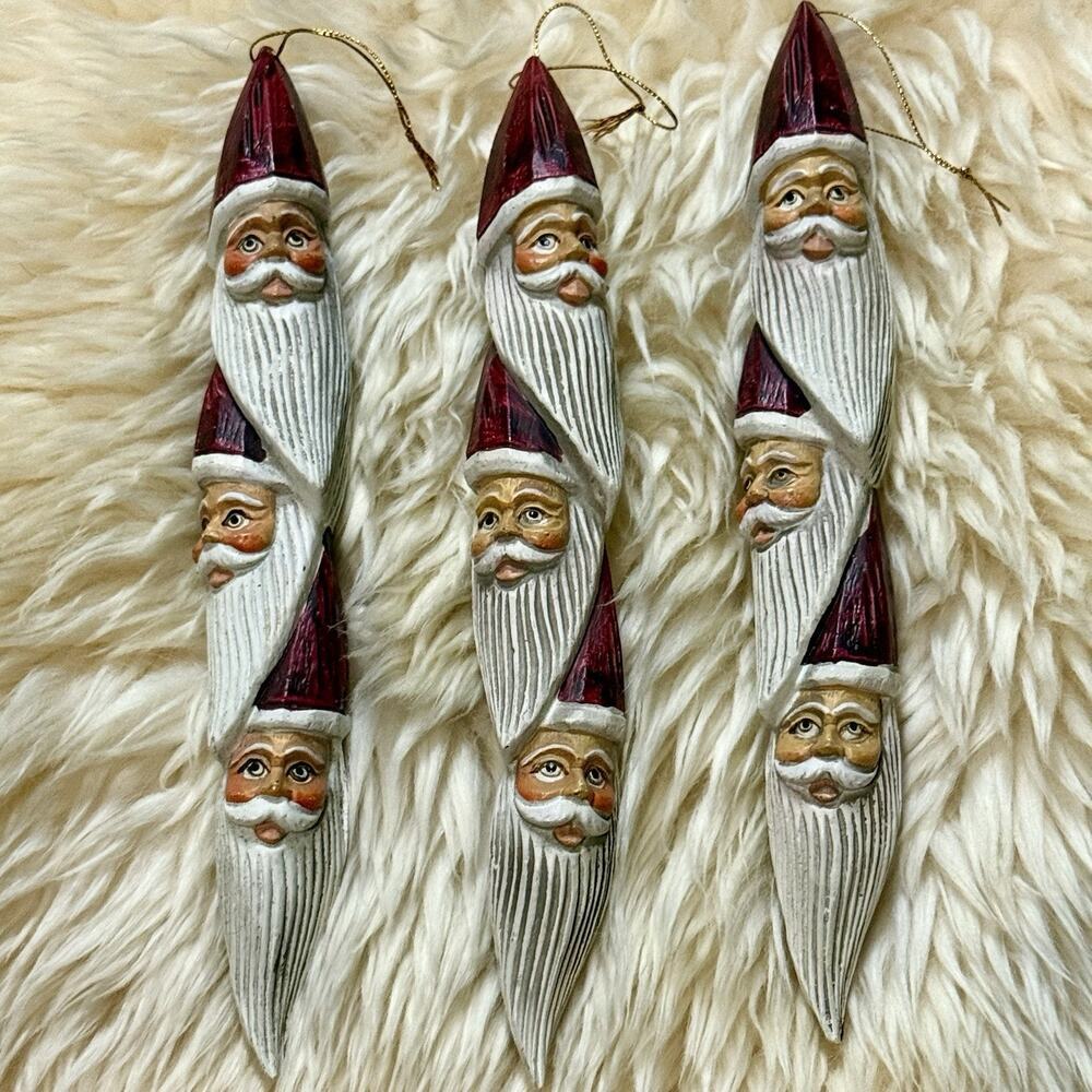 Pencil Folk Art Father Christmas Santa Claus Totems Lot Of 3 Ornaments 10.5”